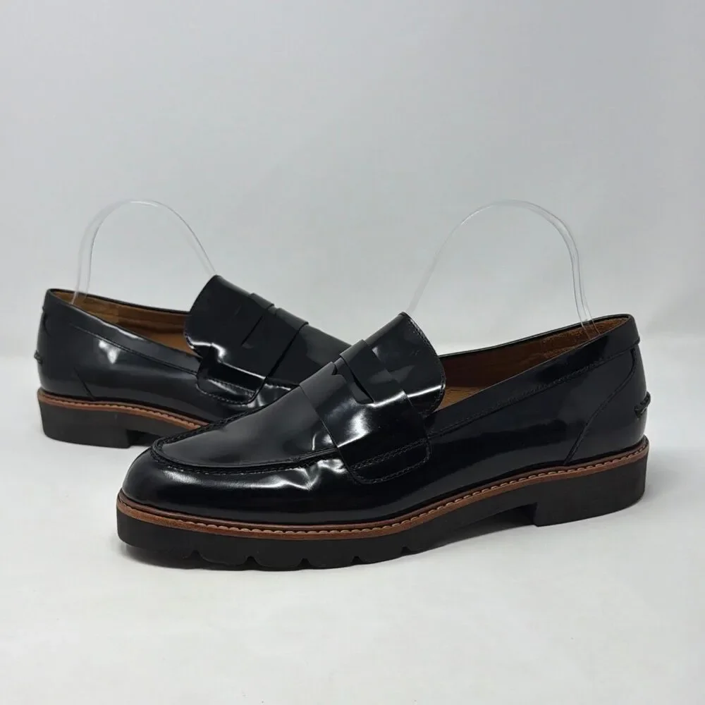 Coach Penny Loafers Womens 10 Black Leather Lug Sole AUTH Made In Spain